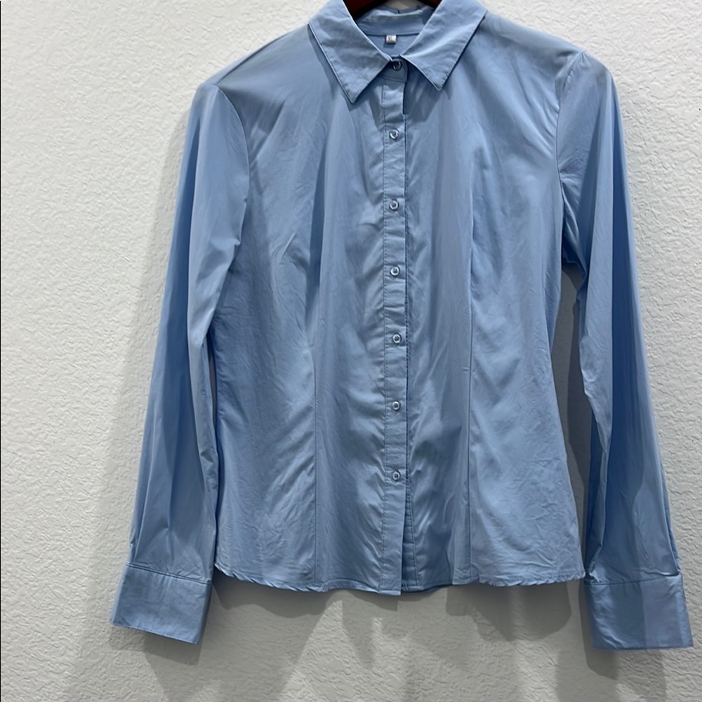 Women’s Powder Blue Button Front Dress‎ Shirt Stretch Viscose Size XL
